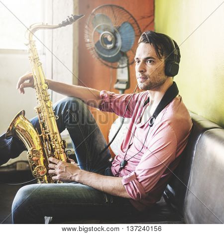 Jazzman Musical Artist Playing Saxophone Concept