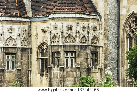 Beautiful Vajdahunyad castle in Budapest Hungary. Cultural heritage. Travel destination. Detail of architecture. Famous place. Tourism theme.