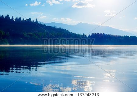 Beautiful Lake With Mountains In The Background At Sunrise.