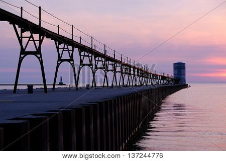 Manistee North Pierhead Lighthouse restoration, built in 1870, Lake Michigan, MI, USA