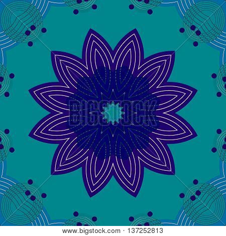 Abstract geometric seamless floral background. Regular symmetric blossom dark blue and purple on turquoise green with blue ornaments and purple dots, conspicuous and dreamy.