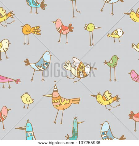 Seamless pattern with cute cartoon colorful birds on gray  background. Vector contour image. Doodle style.