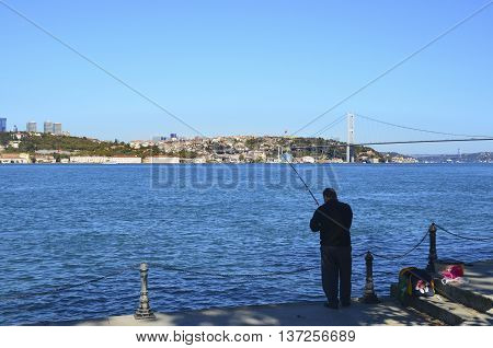Istanbul Turkey - October 20 2013: Istanbul at the Bosphorus bonito bluefish mackerel sardines sea bass and other bottom fish hunt. Migration time increases in fishing catch fish.