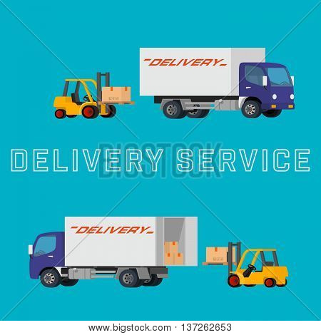 Flat concept illustration of delivery truck with forklift loading pallet with box into the car. Concept logistics illustration of professional warehouse packaging processes