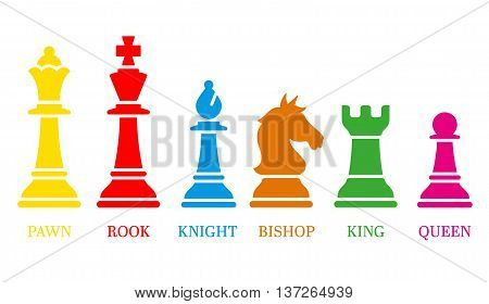 Set of named chess piece vector icons colored silhouettes on white showing the king queen rook bishop knight and pawn.