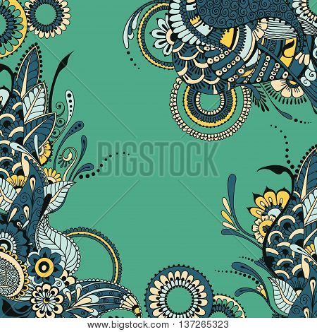 Ornate vector card template in Indian mehndi style. Hand drawn abstract background. Invitation cards with mehndi elements. Floral ornament. Islam arabic indian ottoman motifs.