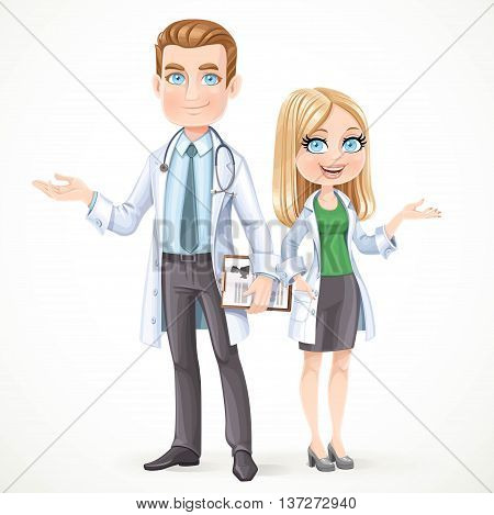 Cute male and womam doctor in a white coat with planchette with a history of the disease shows the side hand isolated on a white background