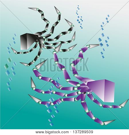 Vector illustration of two octopus
Picture two octopus under water on a blue background surrounded by air bubbles for decoration and design