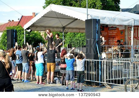 Bytca, Slovakia - July 1, 2016: Open air concert of rock music band called 