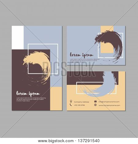 Set of grunge business cards with geometric shapes and hand drawn textures. Template for brochures posters flyers placards and banners. Blue beige brown and white colors. Vector illustration.