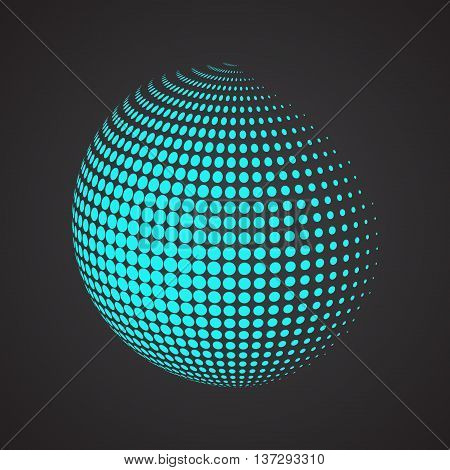 Halftone sphere. Isolated abstract earth logo on black background. Dotted globe vector illustration.