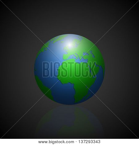 Globe icon with green shadow continents and mirror shadow planet on gradient black background. Vector illustration.