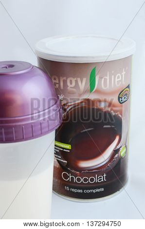 Irkutsk Russia - Sept 17 2015: Enegry diet coctail in the tin can and in the shaker. NLInternational goods