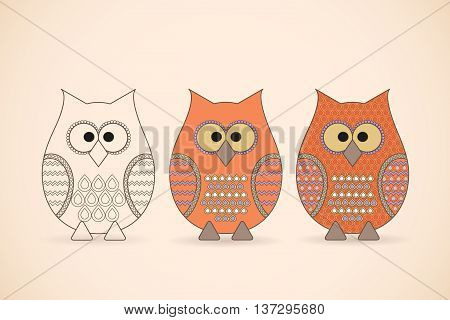 Vector set of three funny owls. Vector illustration.