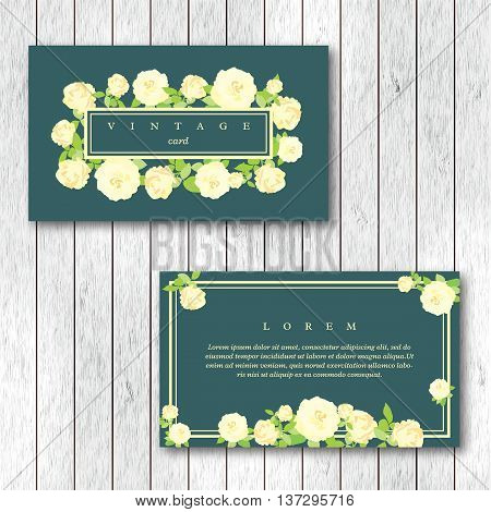 Set of vintage horizontal business cards template with flowering garden roses. White color roses on a turquoise background. Vector illustration.