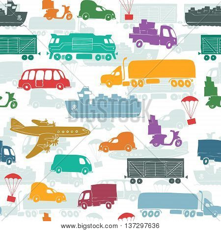 Seamless pattern with types of transport delivery delivery ways and logistics in business and industry with scooter bus trucks airplane railway seaway cargo ship and other.