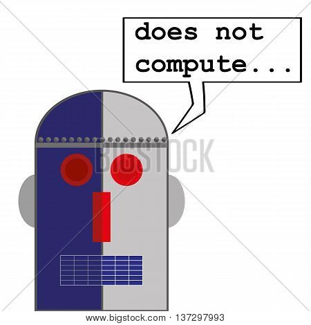 Robot head in a retro style with a speech bubble that says Does Not Compute as a metaphor for computer malfunctions or problems