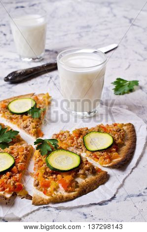 Traditional Asian thin tortilla with minced meat and vegetables. Selective focus.