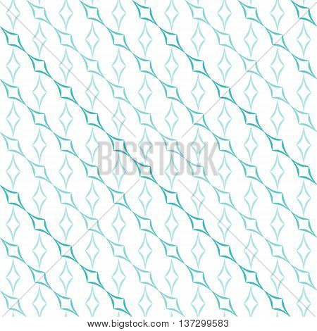 Abstract geometric pattern of light blue curved diamonds set in diagonal stripes on white background. Seamless repeat.