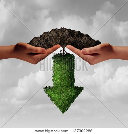 Business team project failure as twi diverse human hands holding soil with an arrow tree growing downward as a financial or a failed partnership loss metaphor in a 3D illustration style.