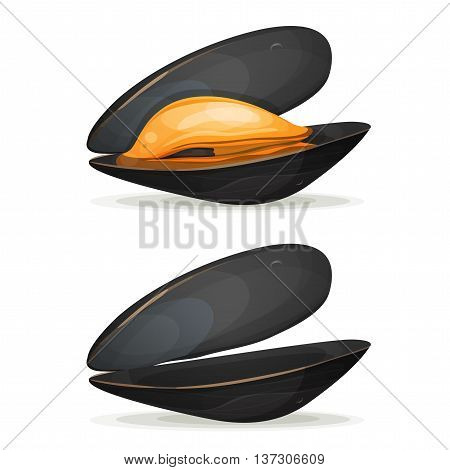 Illustration of a cartoon appetizing mussel boiled with shell full and empty