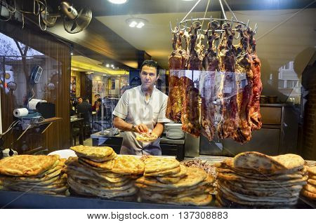Istanbul Turkey - January 26 2014: Istanbul a famous boulevard with Women Market Buryan kebab in Zeyrek district. Buryan Puryan or Biryan also called Turkey's made in many parts of Bitlis Siirt and a meat dish. Perive also called in Arabic. Kebab is a der