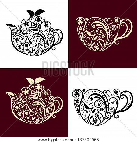 Vector Floral Ornamental Teapot and Cup Set. Zen art teapot and cup style. Element for menu, cafe, restaurant, bar and tea house designs. Black and beige teapot and cup flower design
