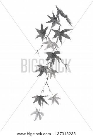 Japanese style original sumi-e maple branch ink painting. Great for greeting cards or texture design.