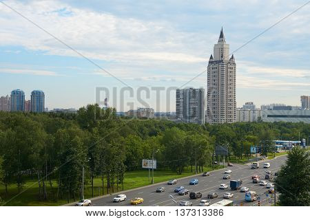 Moscow Russia - June 24 2016: Summer view on Kituzovskiy avenue and one of its scyscapers in Moscow