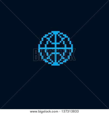 Vector pixel icon isolated 8bit graphic element. Simple Earth globe sign globalization idea.