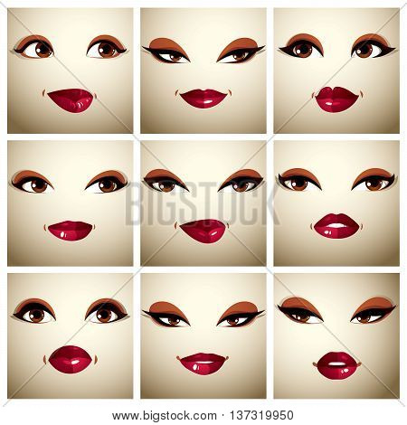 Attractive young ladies vector art portraits collection girls with makeup and brown eyes. Facial expression of females different characters.