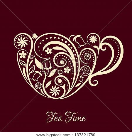 Vector Beige Cup of Tea over Dark Brown. Cup with floral design elements. Zen art cup of tea style. Menu for restaurant, cafe, bar, tea-house. Vector illustration