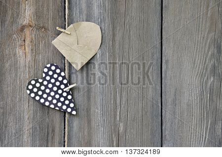 Rustic style. Country life. Fashionable life. Open your senses. Love. Passion. Courtship. Message. Surprise. Heart with polka dots and envelope on an old wooden background.