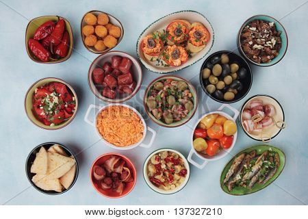 Mediterranean cold buffet food known as tapas, antipasto or mezze