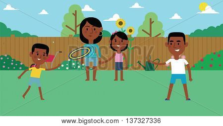 Illustration Of Family Playing With Frisbee In Garden