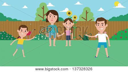 Illustration Of Family Playing With Frisbee In Garden