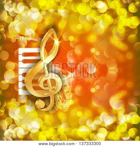 Vector illustration of musical background treble clef, piano keys and sax on a bright background with flares and sparks.