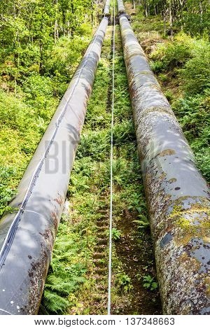 Two water pipes. The pipeline carries water from llyn or Lake Trawsfynydd to the Maentwrog hydro electric power station