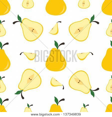 Yellow pears, whole and in cross section on a white background. Seamless background.