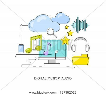 Digital music & audio concept. Thin line flat style icon composition with notes, cloud, headphones and mobile devices.