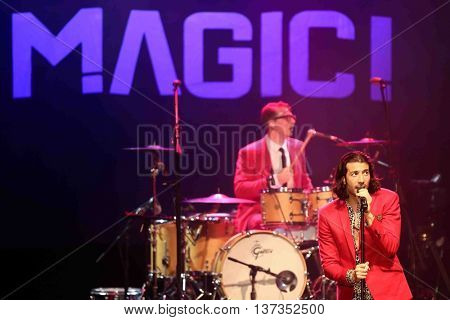 HUNTINGTON, NY-MAR 7: Singer Nasri (R) of the reggae fusion band Magic! performs in concert at The Paramount on March 7, 2015 in Huntington, New York.