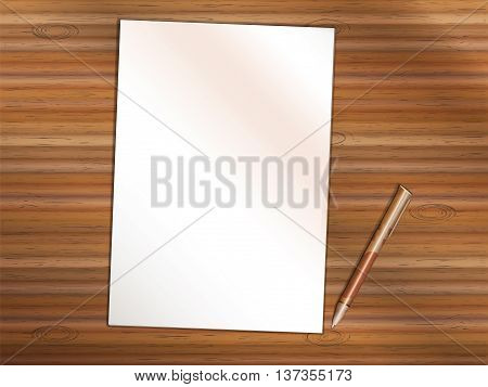 Blank sheet of white paper on wooden table. Brown premium rollerball pen near it. Copy space for Your custom printed or written text.