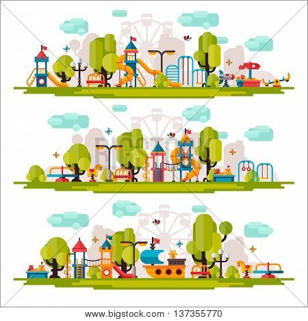 Kids playground. Swings sandpit sandbox bench tree slide. Children playground flat stock illustration with isolated elements on white background.