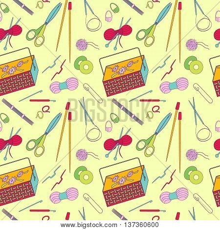 Seamless pattern of knitting and crafts icons. Knitting needles yarn thread crochet hooks basket.