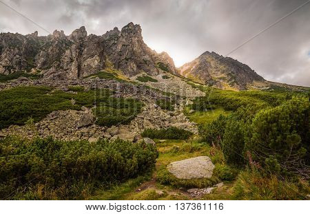 Mountain Landscape with Dramatic Glowing Sky. Mlynicka Valley High Tatra Slovakia.