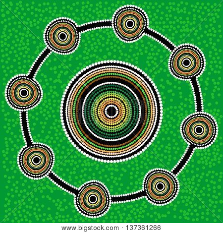 Australia Aboriginal art vector background with dots. Green
