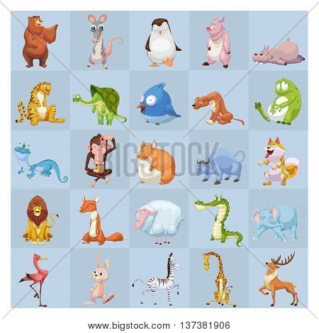 25 Animals Set. Mascot, Game Character Design isolated on Grid Background