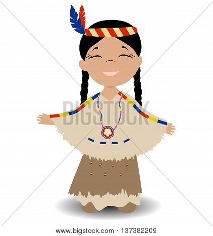 Native american indian girl. Smiling girl with eyes closed. Vector illustration.