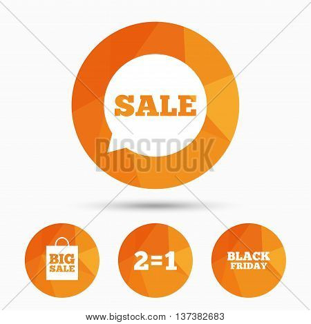 Sale speech bubble icons. Two equals one. Black friday sign. Big sale shopping bag symbol. Triangular low poly buttons with shadow. Vector