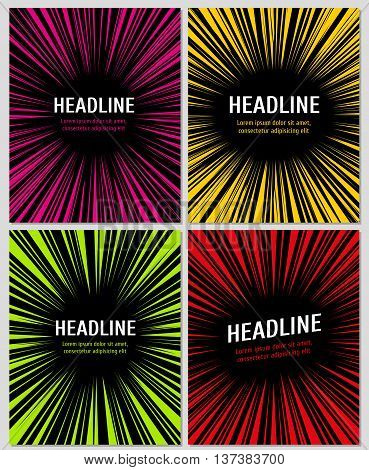 Radial manga graphic speed frames superhero action explosion set. Vector layout for comic books. Poster with radial pattern and abstract retro radial backdrop on page illustration